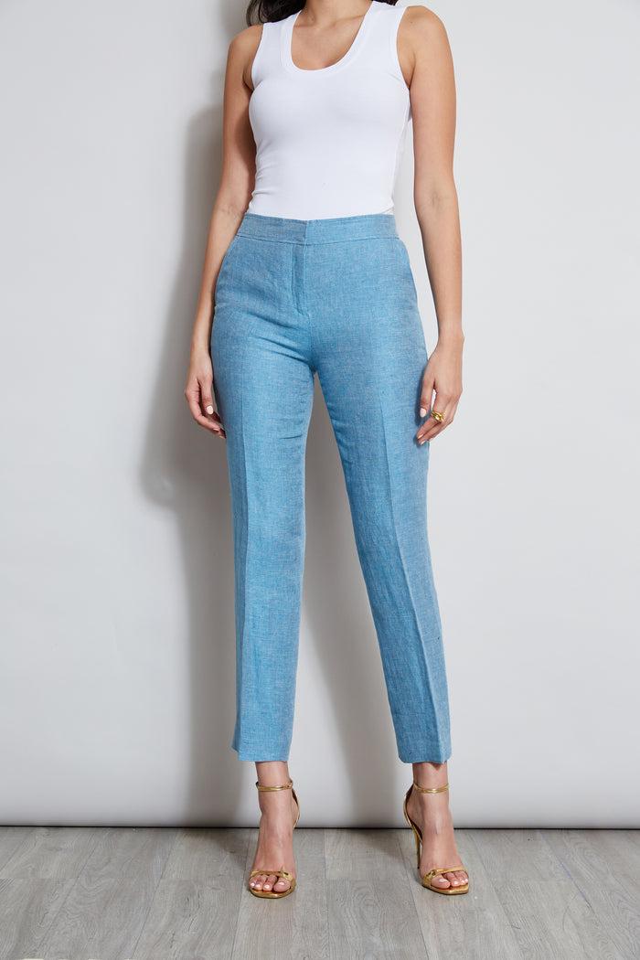 elie tahari Linen Straight Leg Pant BLUE BEYOND