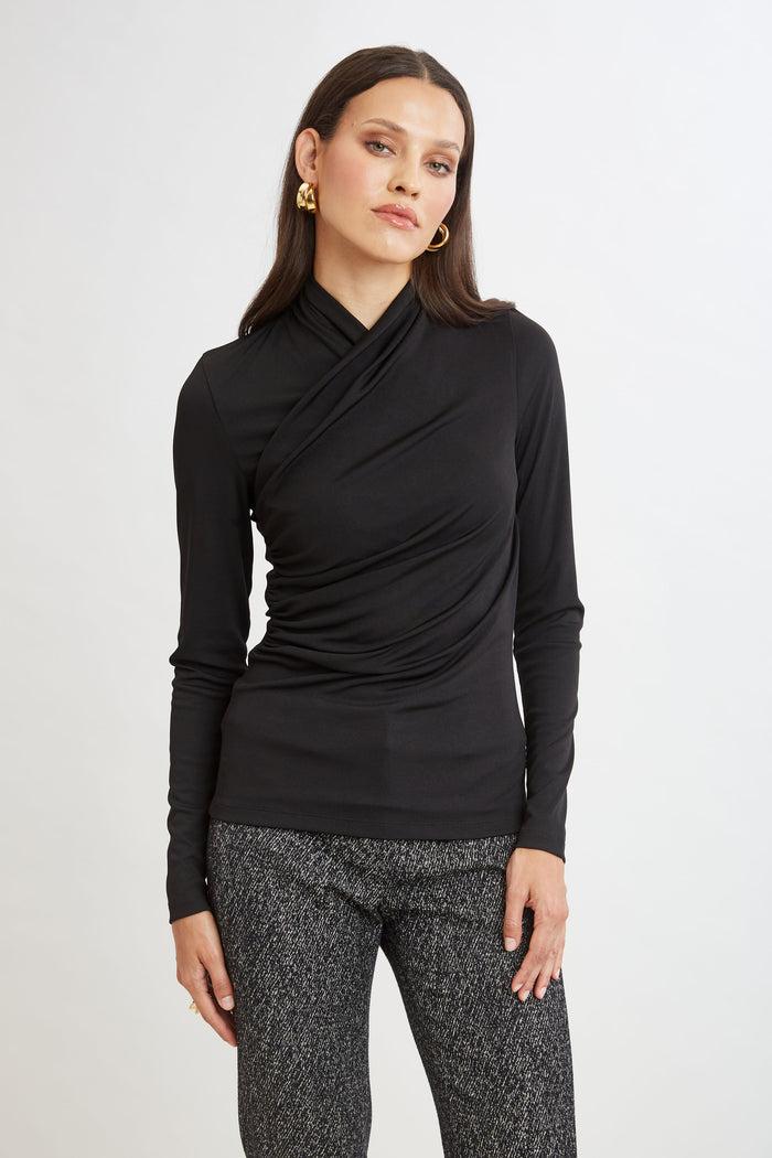 elie tahari Long Sleeve Ruched Draped Knit BLACK