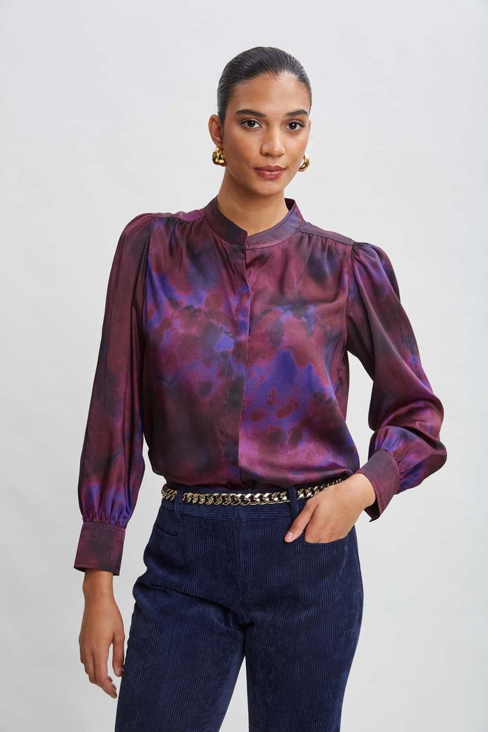 elie tahari Marble Button Down Shirt PURPLE MULTI
