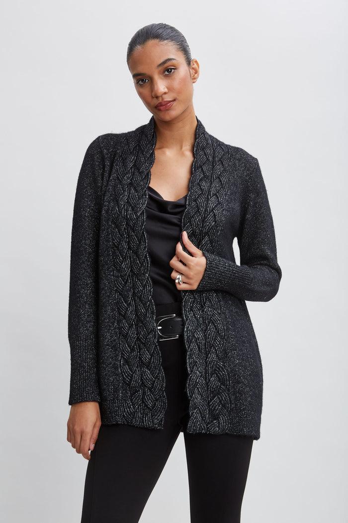 elie tahari Metallic Cable Cardigan Black-Silver