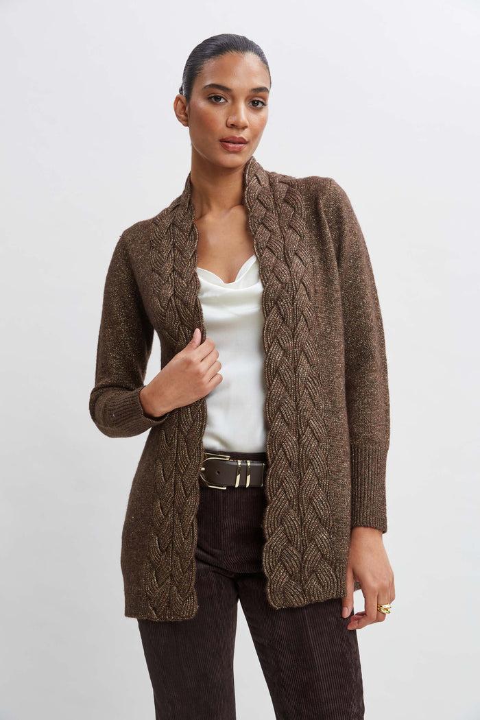 elie tahari Metallic Cable Cardigan WOOD-GOLD