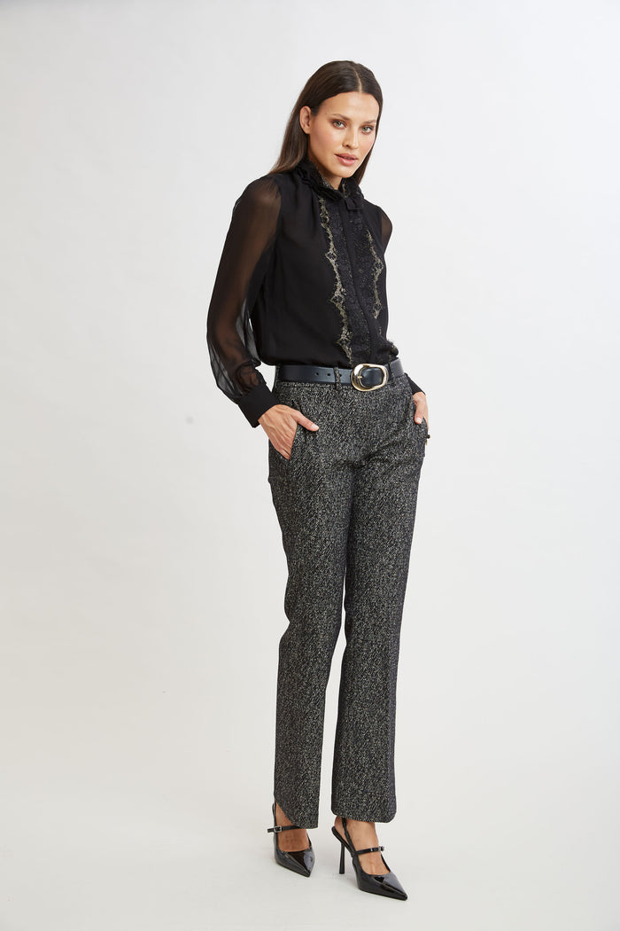 Elie Tahari Metallic Lace Trim Silk Shirt BLACK