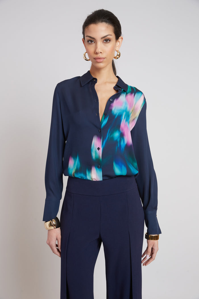 elie tahari Milano Silk Shirt NAVY MULTI