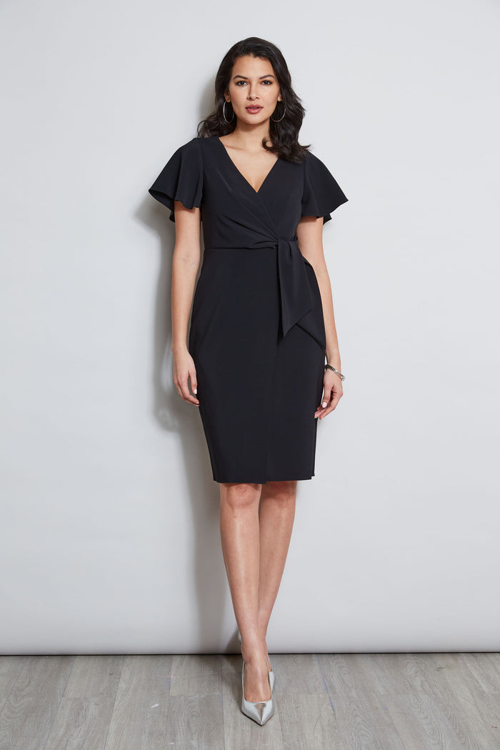 elie tahari Mock Wrap Flutter Sleeve Dress BLACK
