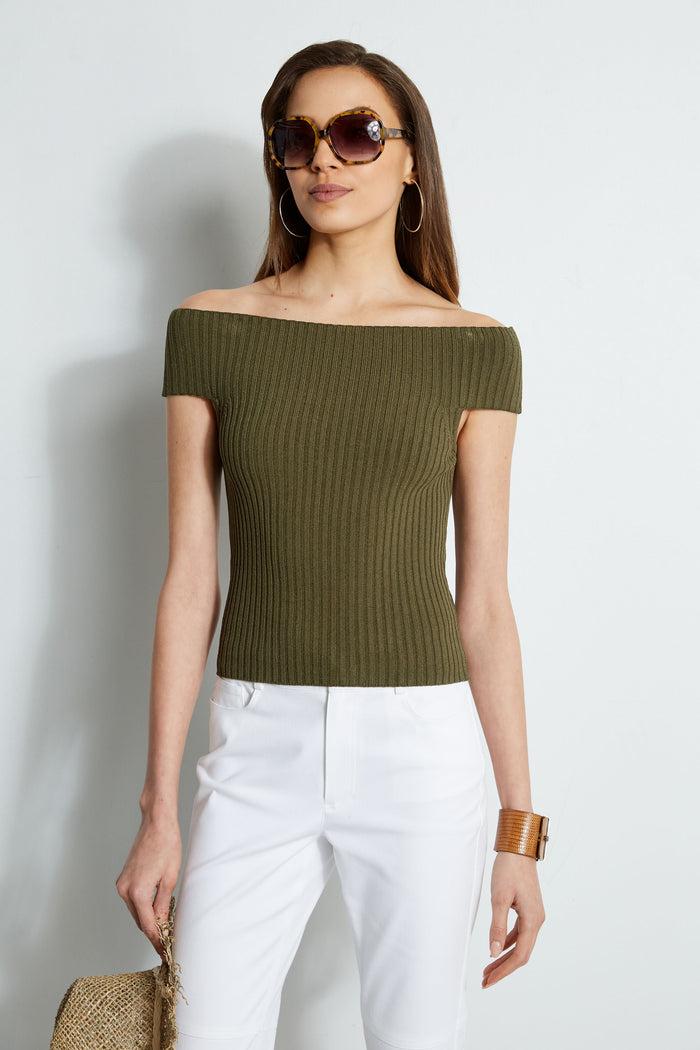 elie tahari Off Shoulder Rib Sweater TUSCAN OLIVE
