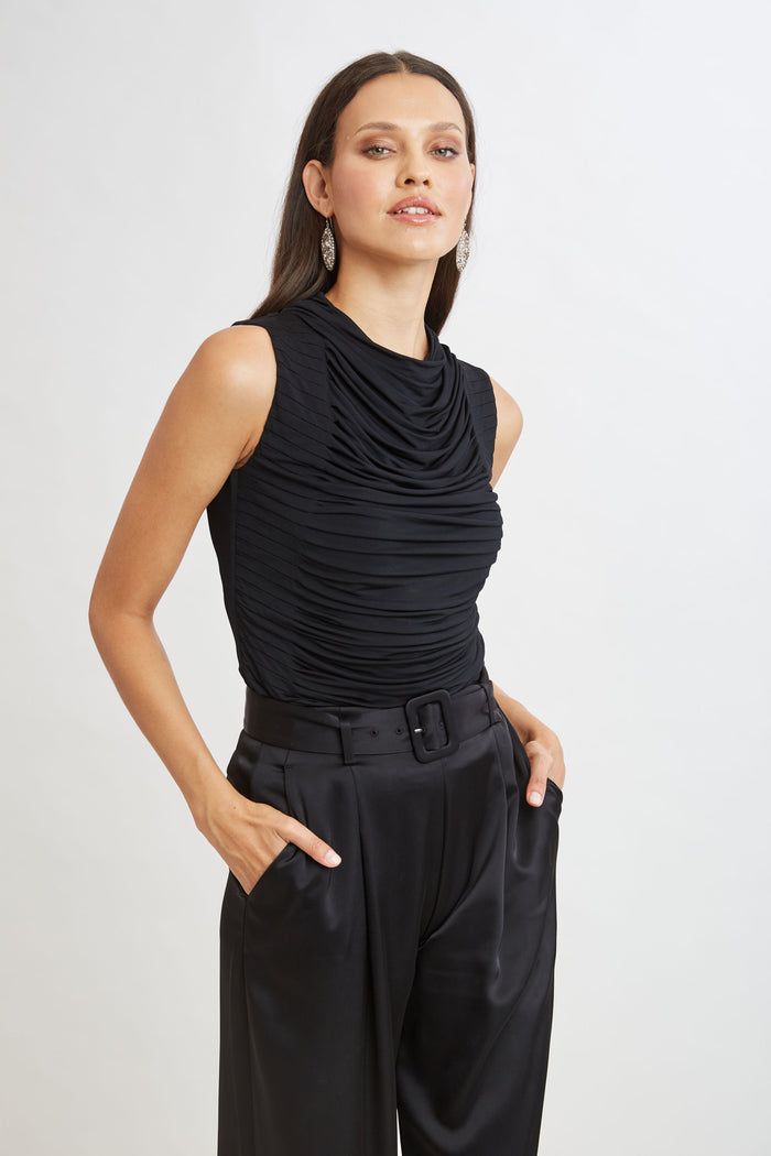 elie tahari Pleat Detail Matte Jersey Knit BLACK