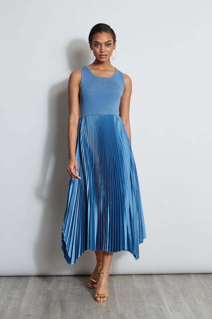 elie tahari Pleated Midi Dress BLUE BREEZE
