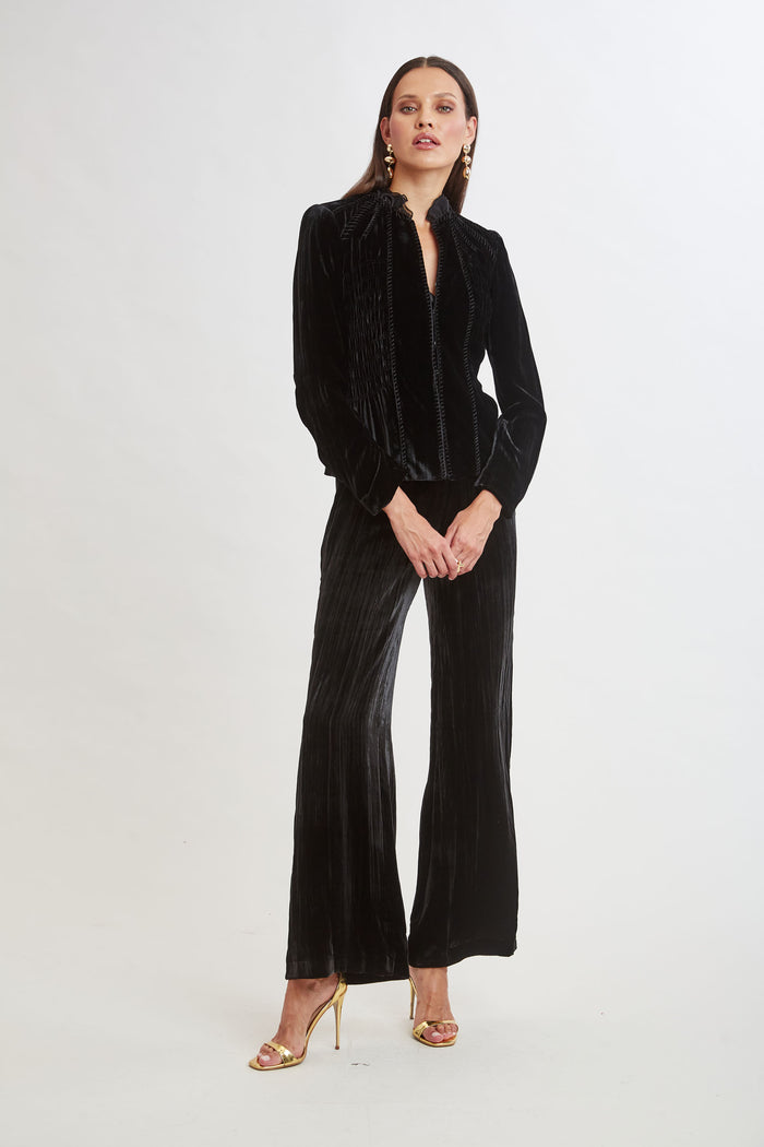 Elie Tahari Plisse Velvet Embroidered Jacket BLACK