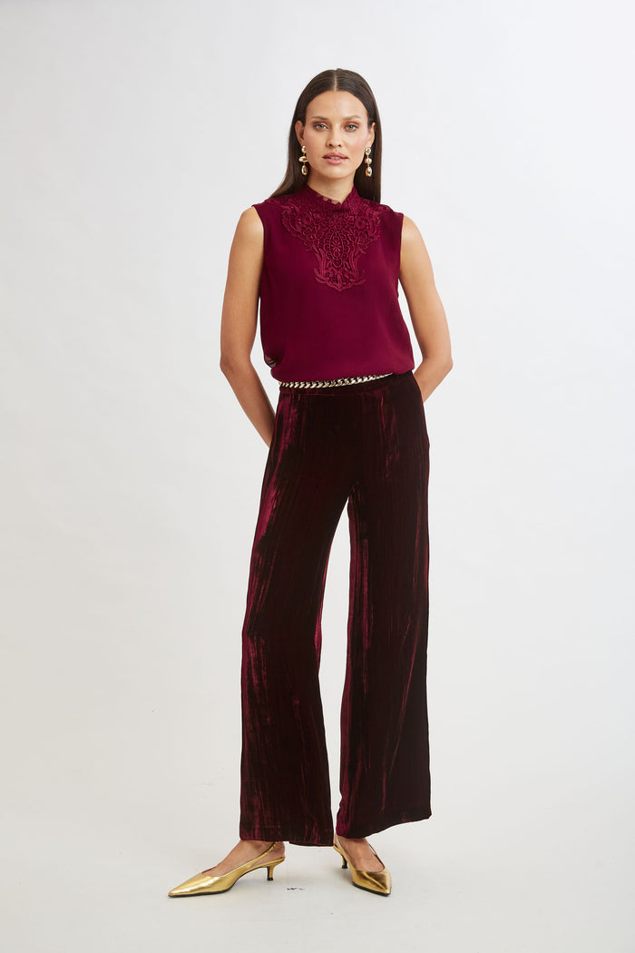 Elie Tahari Plisse Velvet Fluid Pant BURGUNDY