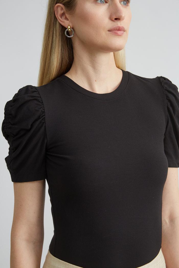 Elie Tahari Puff Sleeve Rib Knit BLACK
