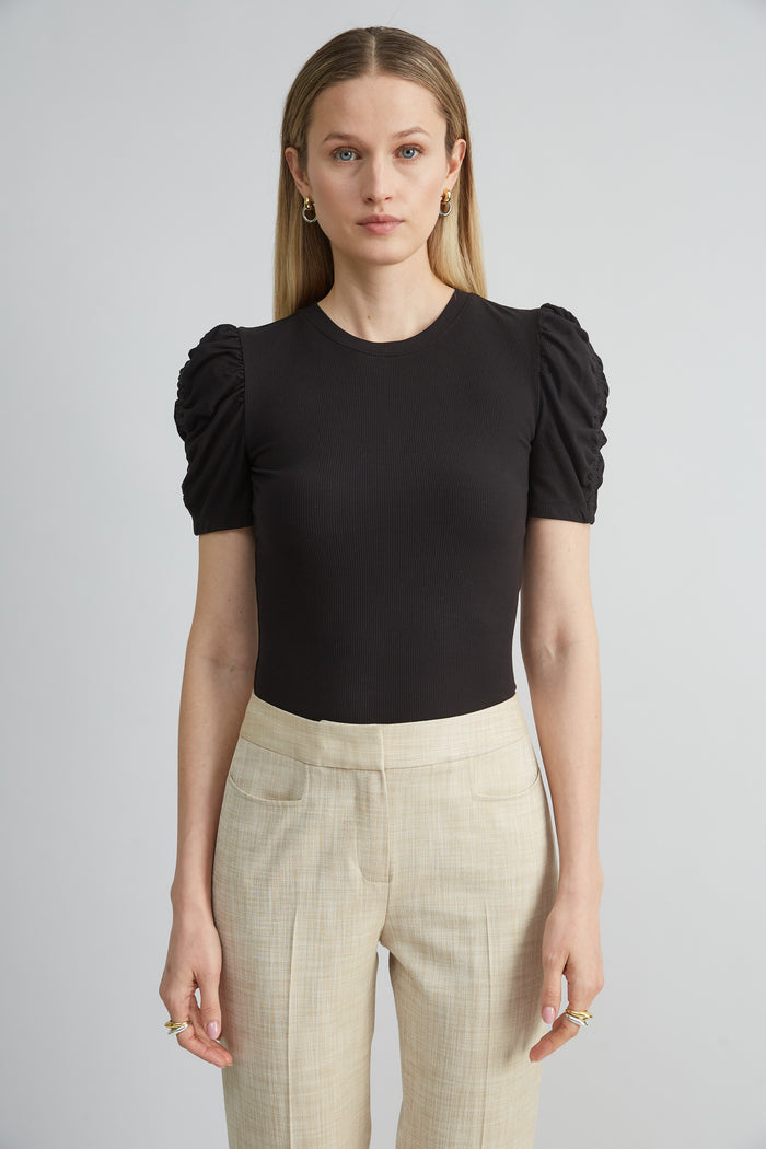 elie tahari Puff Sleeve Rib Knit BLACK