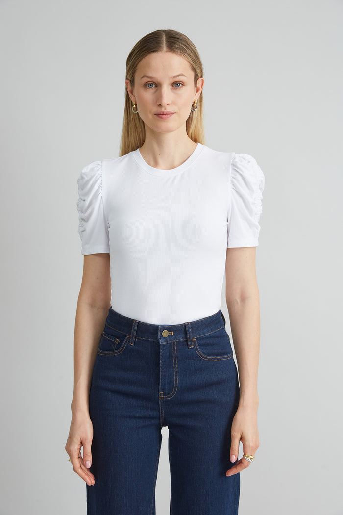 elie tahari Puff Sleeve Rib Knit WHITE