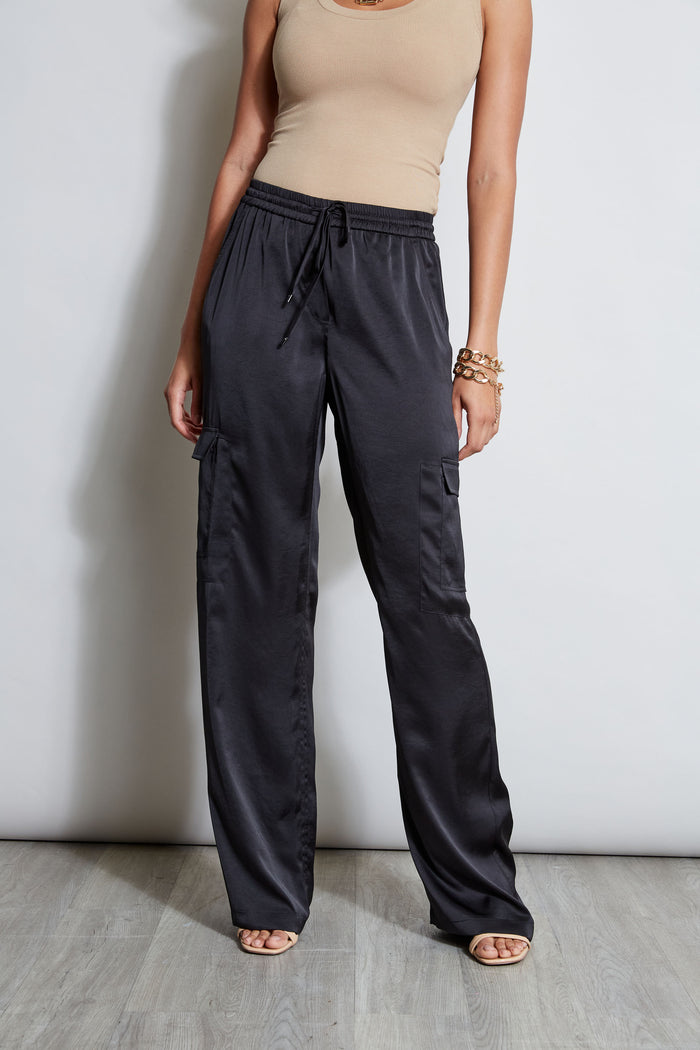 elie tahari Relaxed Satin Cargo Pant BLACK