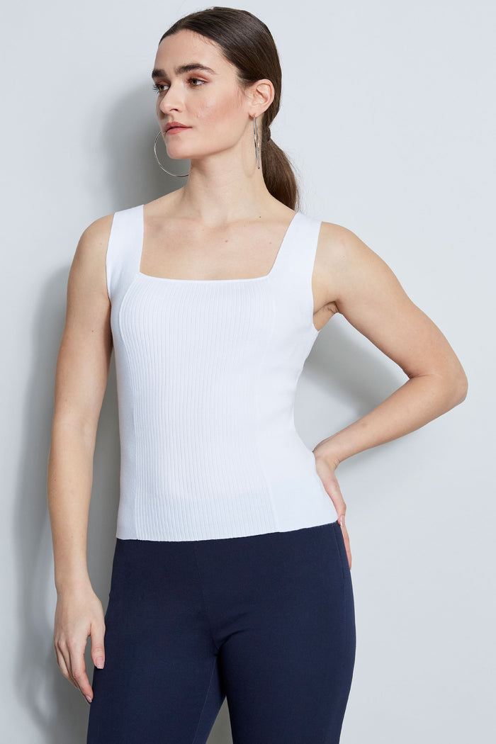 elie tahari Ribbed Square Neck Tank WHITE