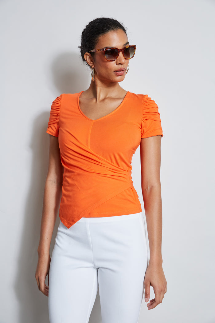 elie tahari Ruched Sleeve V-Neck Knit APRICOT