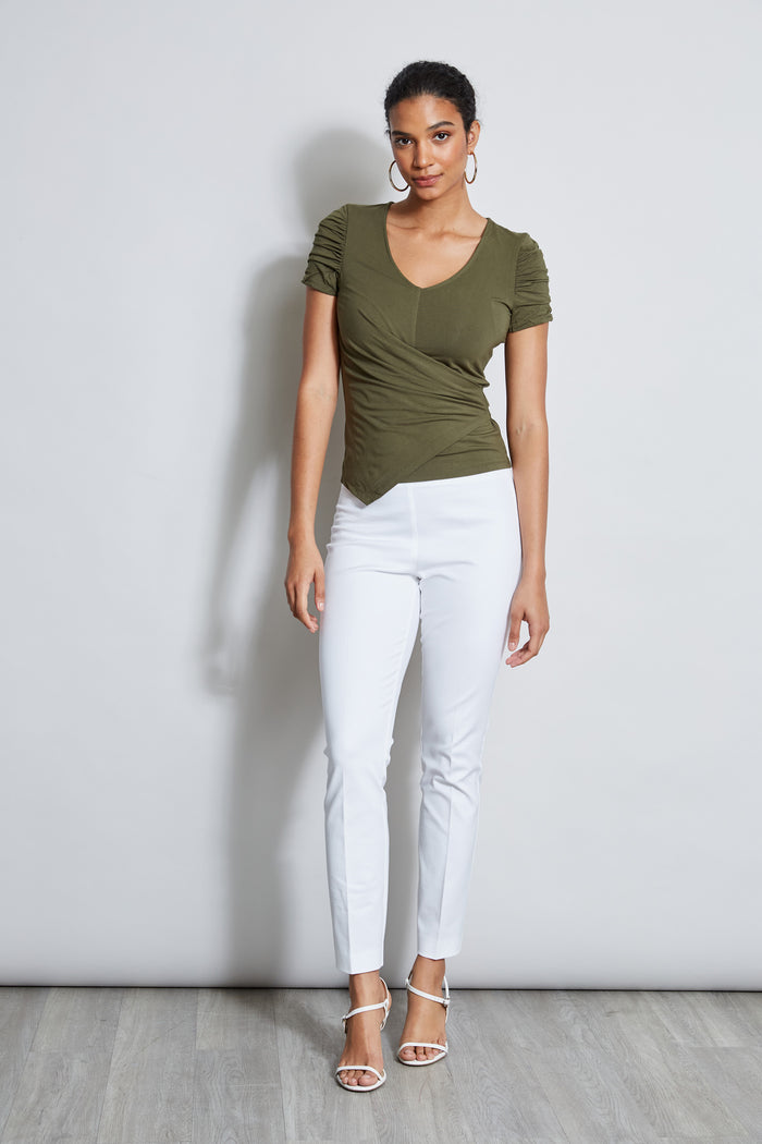 Elie Tahari Ruched Sleeve V-Neck Knit WILLOW GREEN