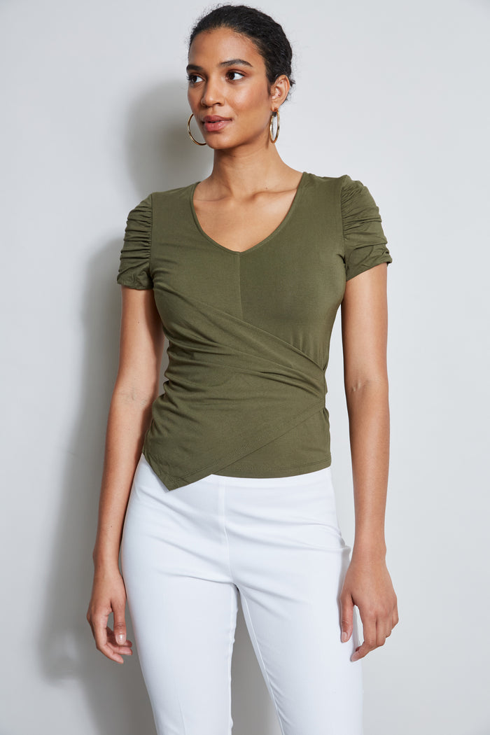 Elie Tahari Ruched Sleeve V-Neck Knit WILLOW GREEN
