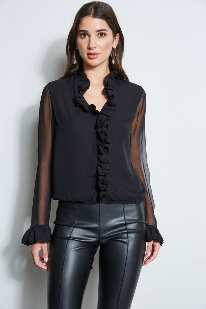 elie tahari Ruffle Silk Shirt BLACK