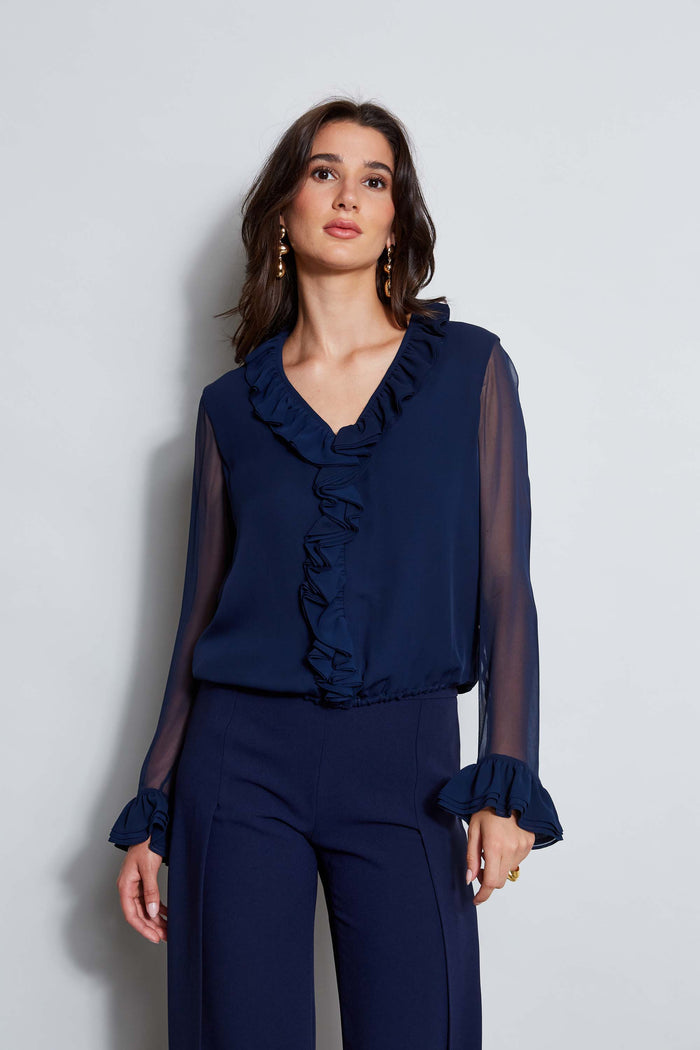 elie tahari Ruffle Silk Shirt GALAXY NAVY