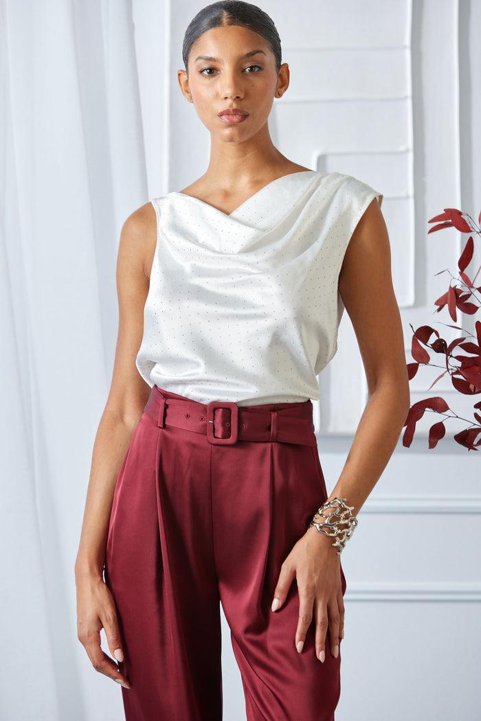 Elie Tahari Satin Crystal Cowl Top FOAM-NICKEL