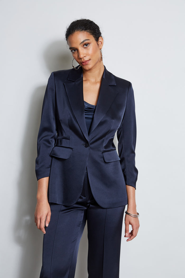 elie tahari Satin Ruched Sleeve Blazer STARGAZER