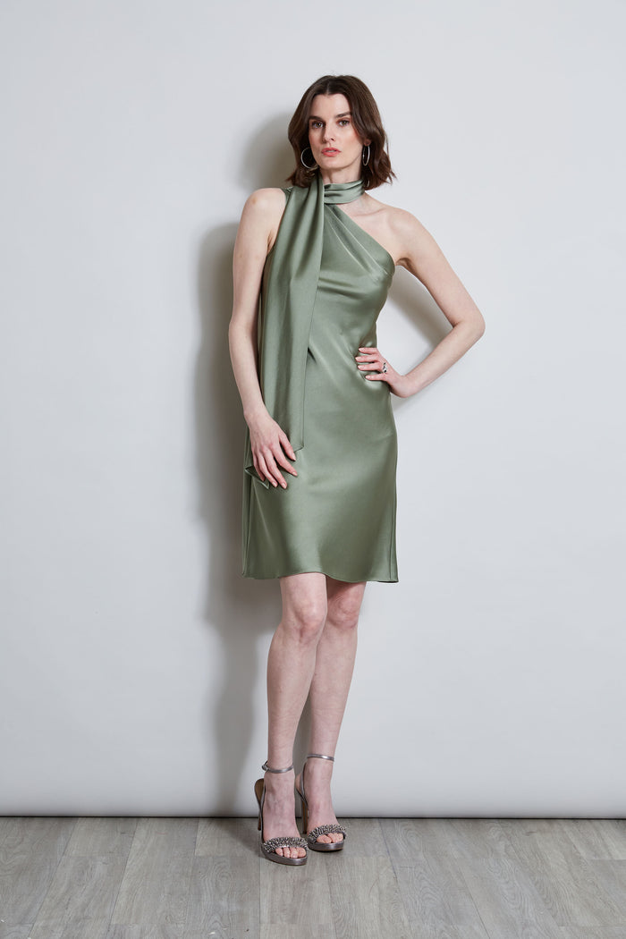 elie tahari Satin Scarf Dress TUSCAN OLIVE