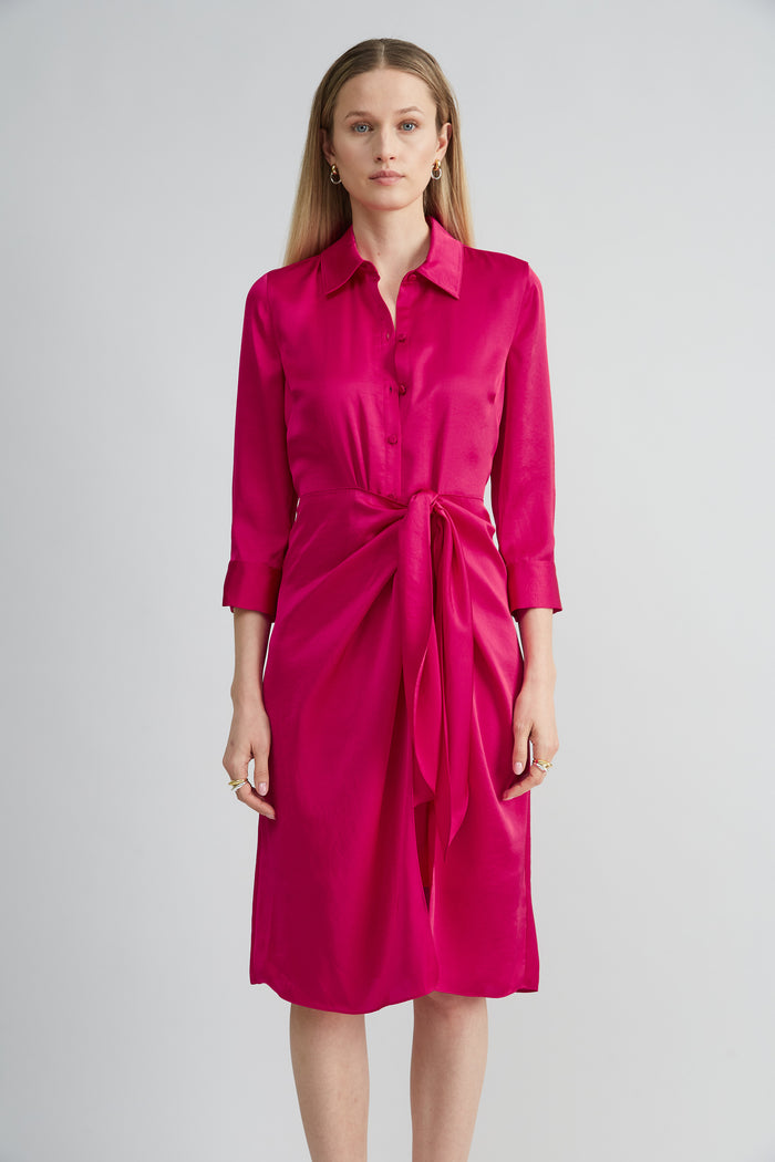 Elie Tahari Satin Tie Shirt Dress CYCLAMEN