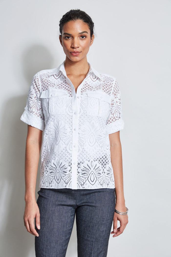 elie tahari Short Sleeve Lace Utility Shirt WHITE