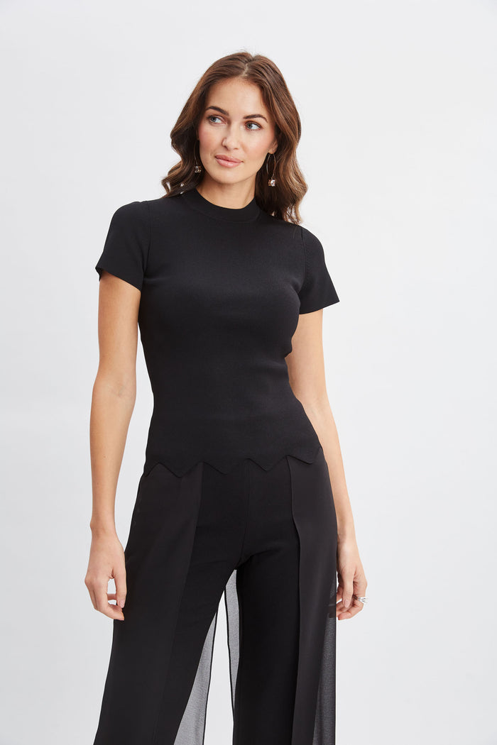 elie tahari Short Sleeve Scallop Sweater BLACK