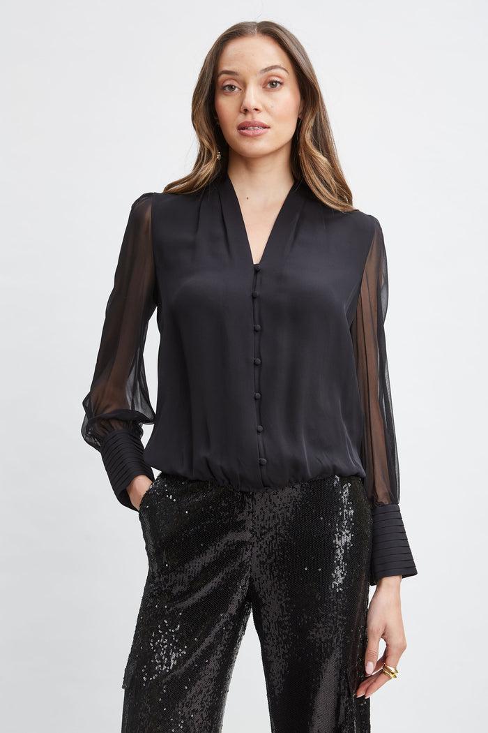 elie tahari Silk Blouson Button Shirt BLACK