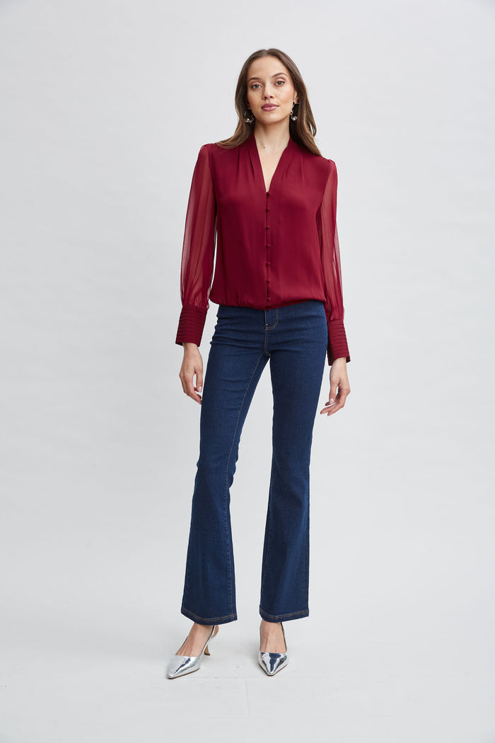 Elie Tahari Silk Blouson Button Shirt SANGRIA