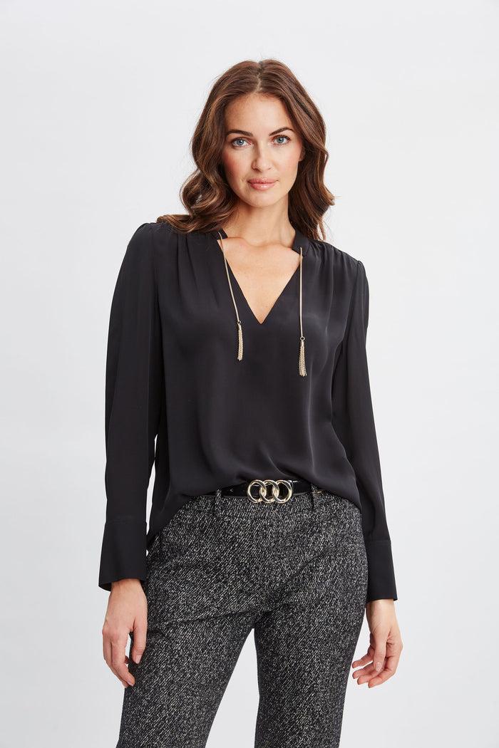 elie tahari Silk Chain Tassel Shirt BLACK