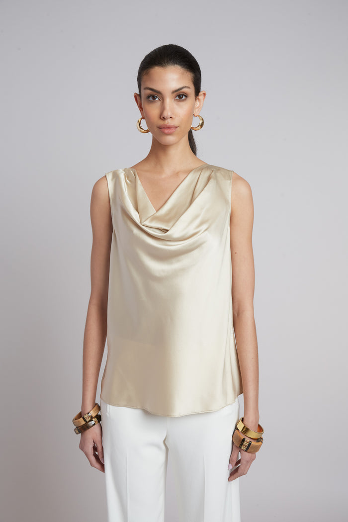 Elie Tahari Silk Cowl Neck Top DRIFTWOOD