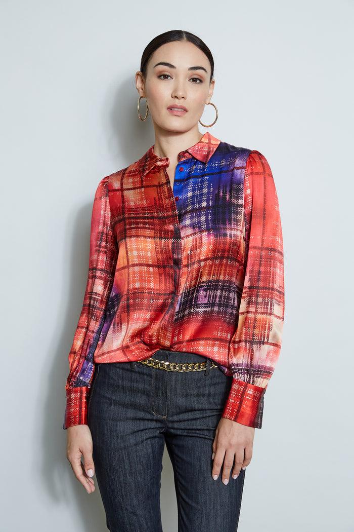 elie tahari Silk Digital Plaid Shirt MULTI