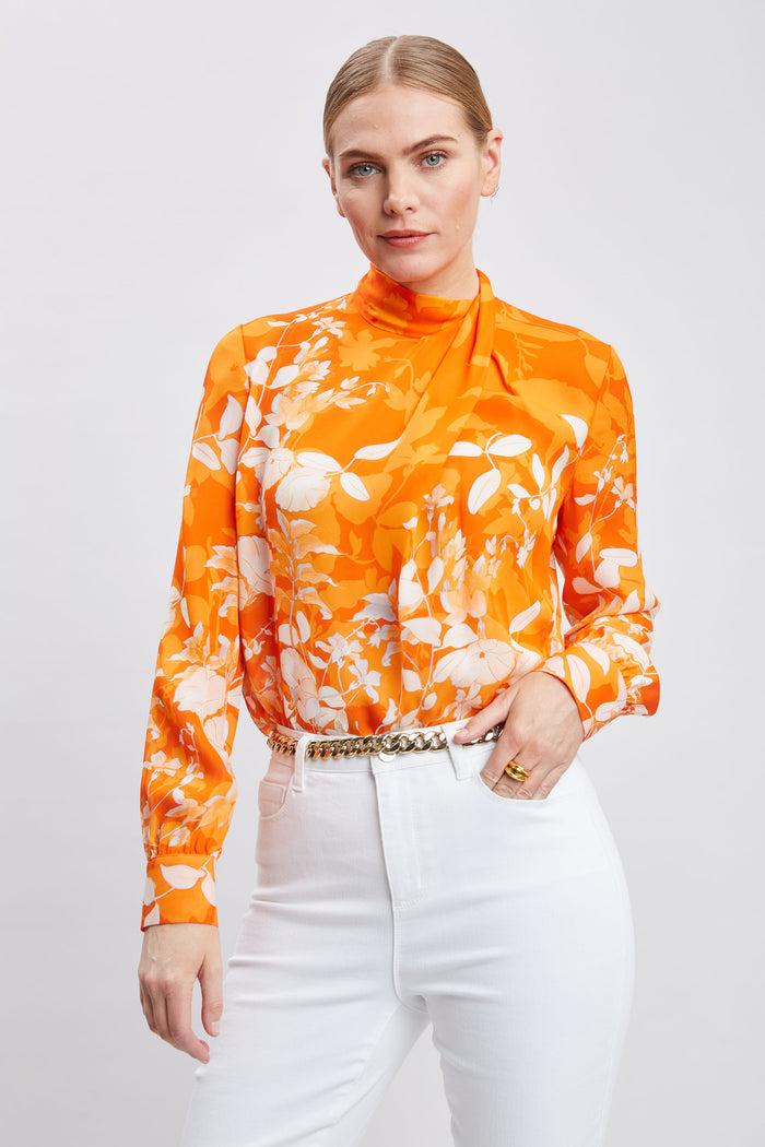 elie tahari Silk Draped Neck Bloom Shirt MULTI
