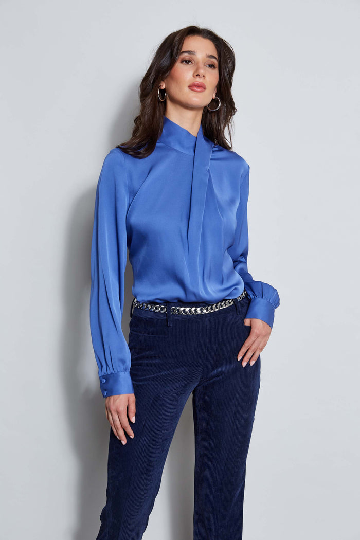elie tahari Silk Draped Neck Shirt PARIS BLUE
