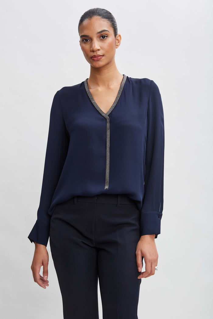 elie tahari Silk Long Sleeve Chain Shirt MIDNIGHT