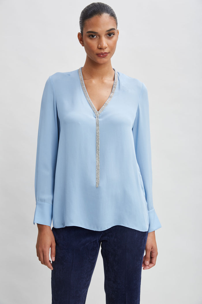 elie tahari Silk Long Sleeve Chain Shirt SKY BLUE