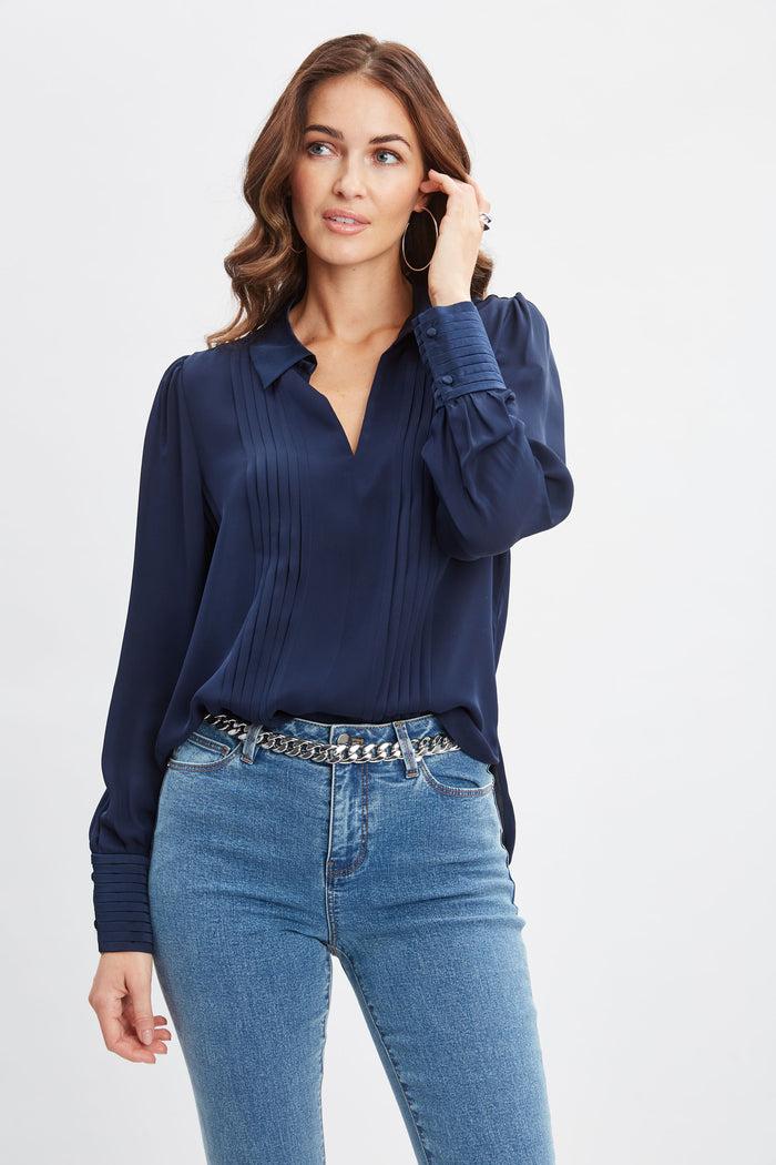 Elie Tahari Silk Pintuck Shirt MIDNIGHT