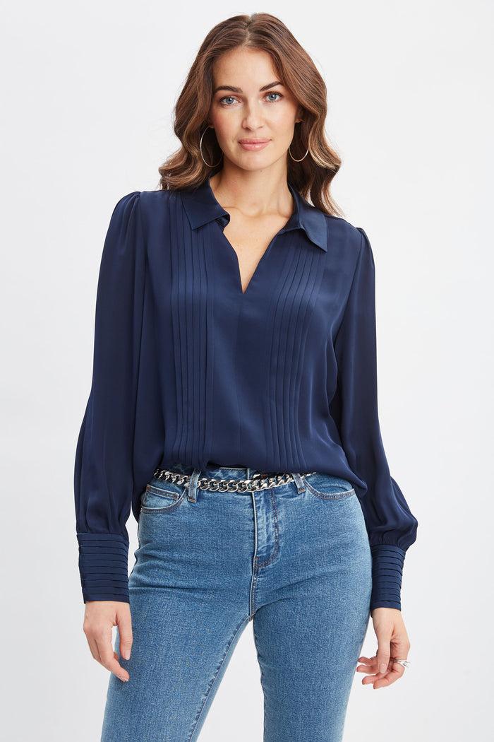elie tahari Silk Pintuck Shirt MIDNIGHT