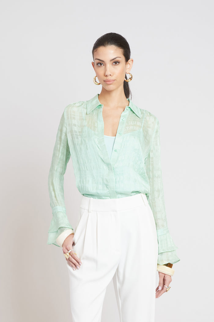 Elie Tahari Silk Plaid Jacquard Shirt MINT