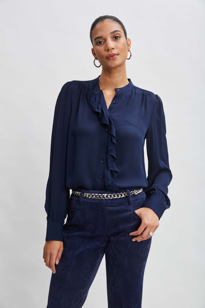 elie tahari Silk Ruffle Button Down Shirt MIDNIGHT
