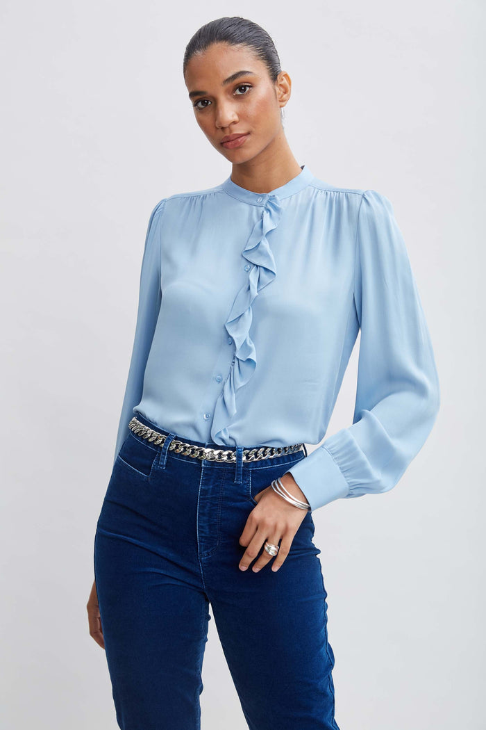 elie tahari Silk Ruffle Button Down Shirt SKY BLUE