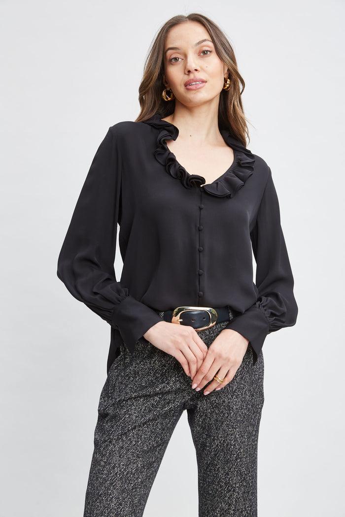 Elie Tahari Silk Ruffle Neck Shirt BLACK