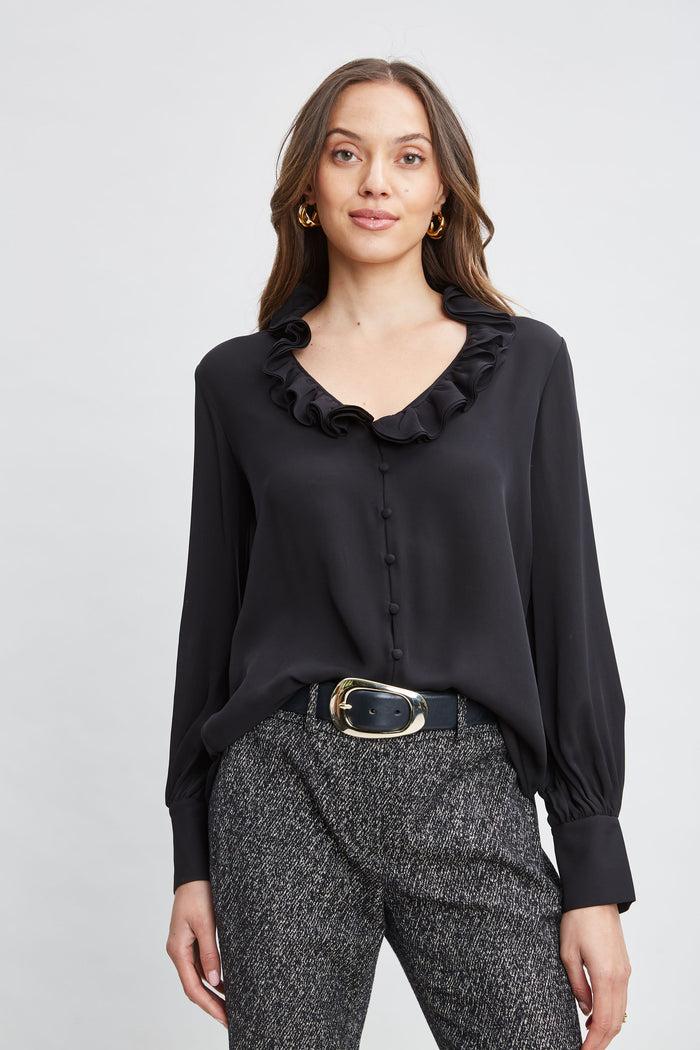 elie tahari Silk Ruffle Neck Shirt BLACK