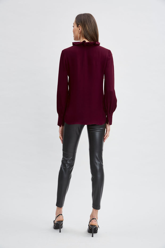 Elie Tahari Silk Ruffle Neck Shirt SANGRIA