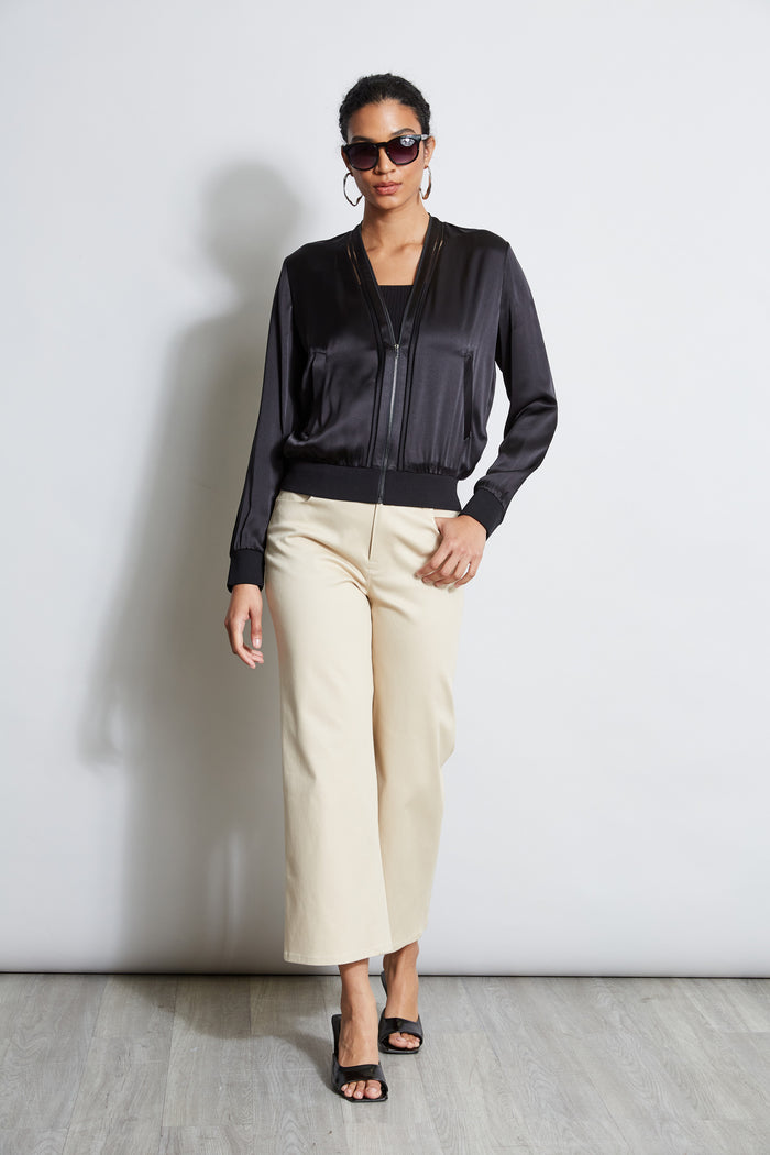 Elie Tahari Silk Satin Bomber Jacket BLACK