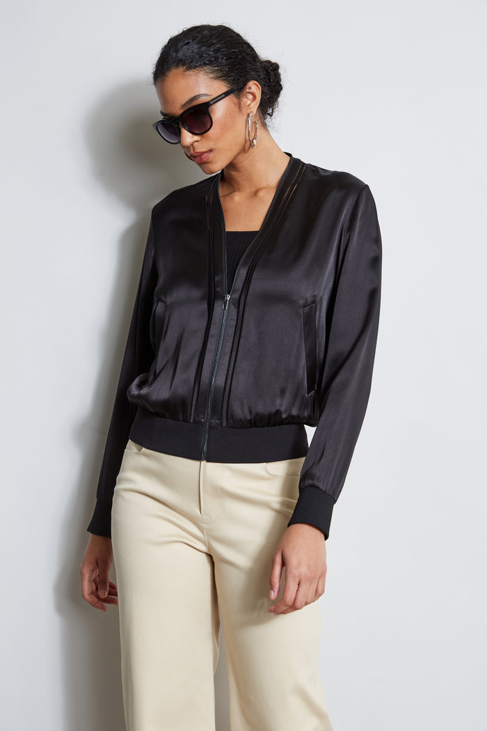 Elie Tahari Silk Satin Bomber Jacket BLACK