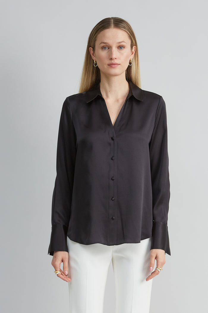 elie tahari Silk Satin Button Down Shirt BLACK