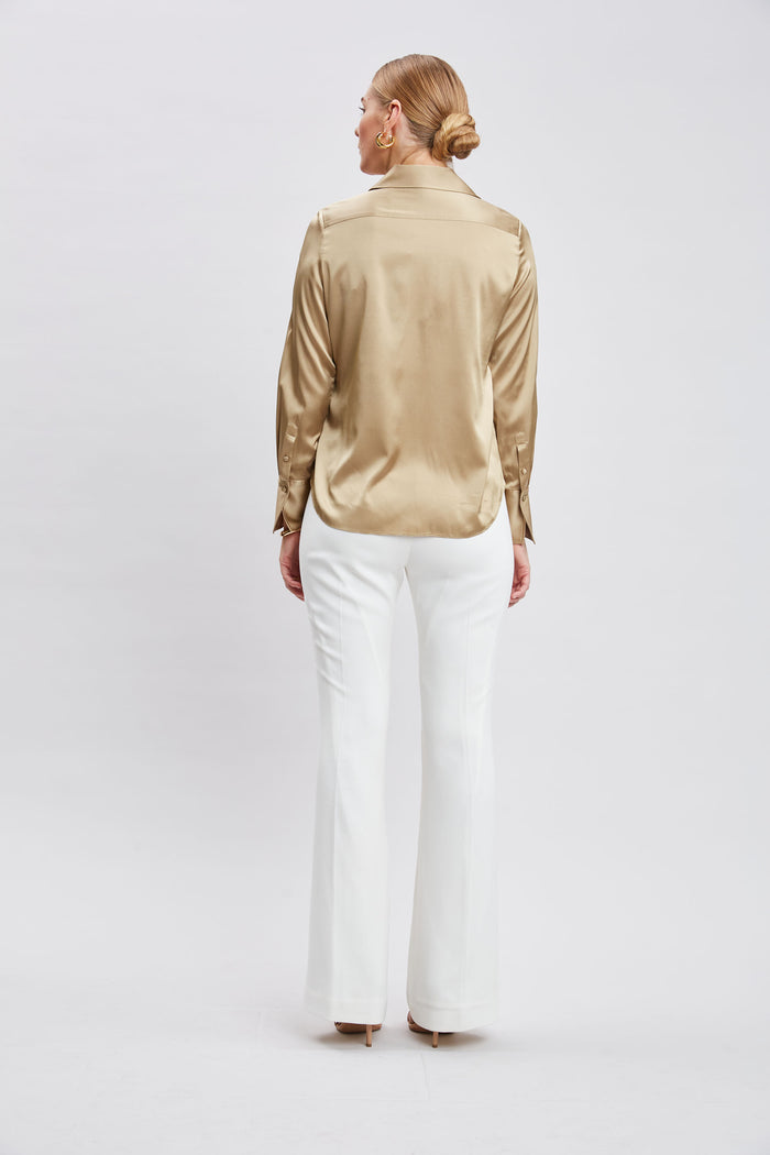Elie Tahari Silk Satin Button Down Shirt CASHEW